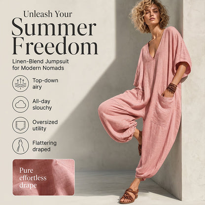 ✨ BESTSELLER ✨ Losse V-Hals Jumpsuit – Comfortabele Mengstof, Grote Zakken & Ademend
