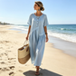 🌸 Elegante Dames Maxi Jurk – Korte Mouwen & Knoopsluiting voor een Comfortabele Pasvorm ✨
