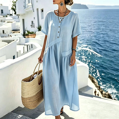🌸 Elegante Dames Maxi Jurk – Korte Mouwen & Knoopsluiting voor een Comfortabele Pasvorm ✨
