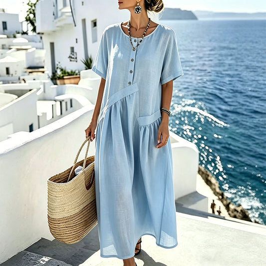 🌸 Elegante Dames Maxi Jurk – Korte Mouwen & Knoopsluiting voor een Comfortabele Pasvorm ✨