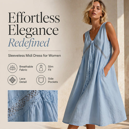 🌿 Mouwloze Damesjurk met V-hals – Luchtig, Elegant & Afgewerkt met Fijne Kanten Details ✨