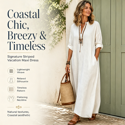 🔥 50% KORTING! 👗 Dames Gestreepte V-Hals Maxi Jurk – Licht, Luchtig & Perfect voor de Zomer ☀️