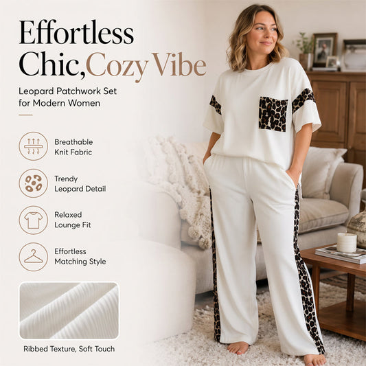 🌸 50% KORTING! 🐆 Dames 2-Delige Patchwork Set met Luipaardprint – Trendy & Comfortabel ✨
