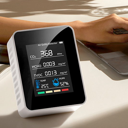 🌿 5-in-1 Binnenluchtkwaliteitsmonitor – Realtime Weergave, Slim & Eenvoudig Af te Lezen 📊