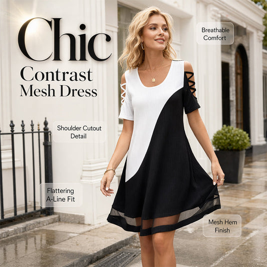 ☀️ ZOMERUITVERKOOP – 68% KORTING! 👗 Midi-Jurk voor Dames met Ronde Hals & Kleurblokken – Elegante Mesh Zoom en Comfortabele Pasvorm ✨