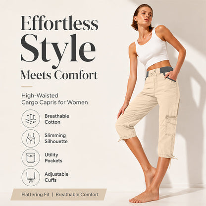👖 Dames Cargo Capri Broek met Hoge Taille – Comfortabele Pasvorm, Praktische Zakken & Casual Stijl ✨