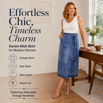 ✨ Vintage Denim Wikkelrok voor Dames – Verstelbare Zijstrik & Midi-Lengte | Comfortabel, Elegant & Makkelijk Te Combineren 👗