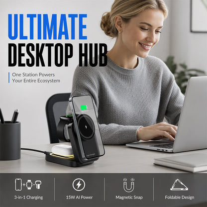 Meer dan 24.000 Verkocht – 3-in-1 Draadloze Oplader – Telefoon, Smartwatch & Oordopjes Tegelijk Opladen