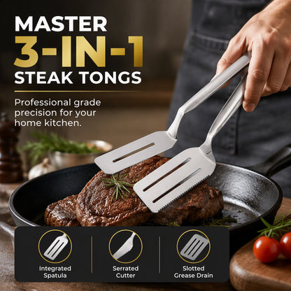 🥩KOOP 2, KRIJG 1 GRATIS!! Roestvrijstalen Steak Tang – Gekartelde Rand voor Stevige Grip | Voor Steak, BBQ & Keuken