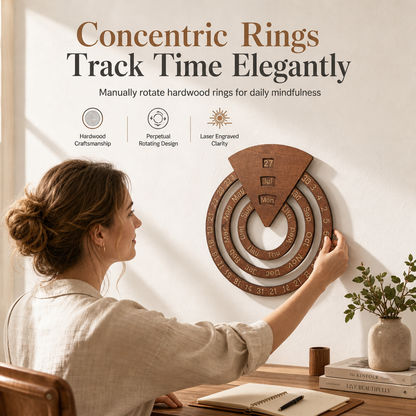 🪵 Tijdelijk 50% Korting – Decoratieve Houten Kalender met Draaibare Datumweergave voor Thuis en Kantoor