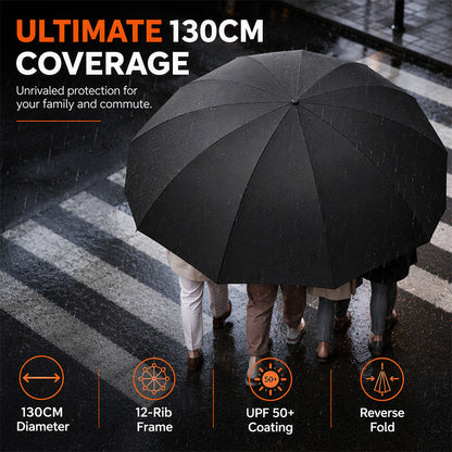 ☔ FLASH SALE – Extra Grote Opvouwbare Paraplu van 130 cm, Versterkt Frame met 12 Baleinen, UPF 50+ – 7 Kleuren
