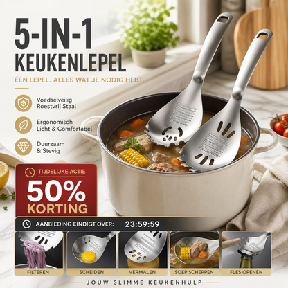 🔄🍲 KOOP 2, KRIJG 1 GRATIS! Multifunctionele Keukenlepel – Lepelen, Zeven, Scheiden, Malen & Openen | 5 Functies in 1 Handig Keukenhulpmiddel 🧂